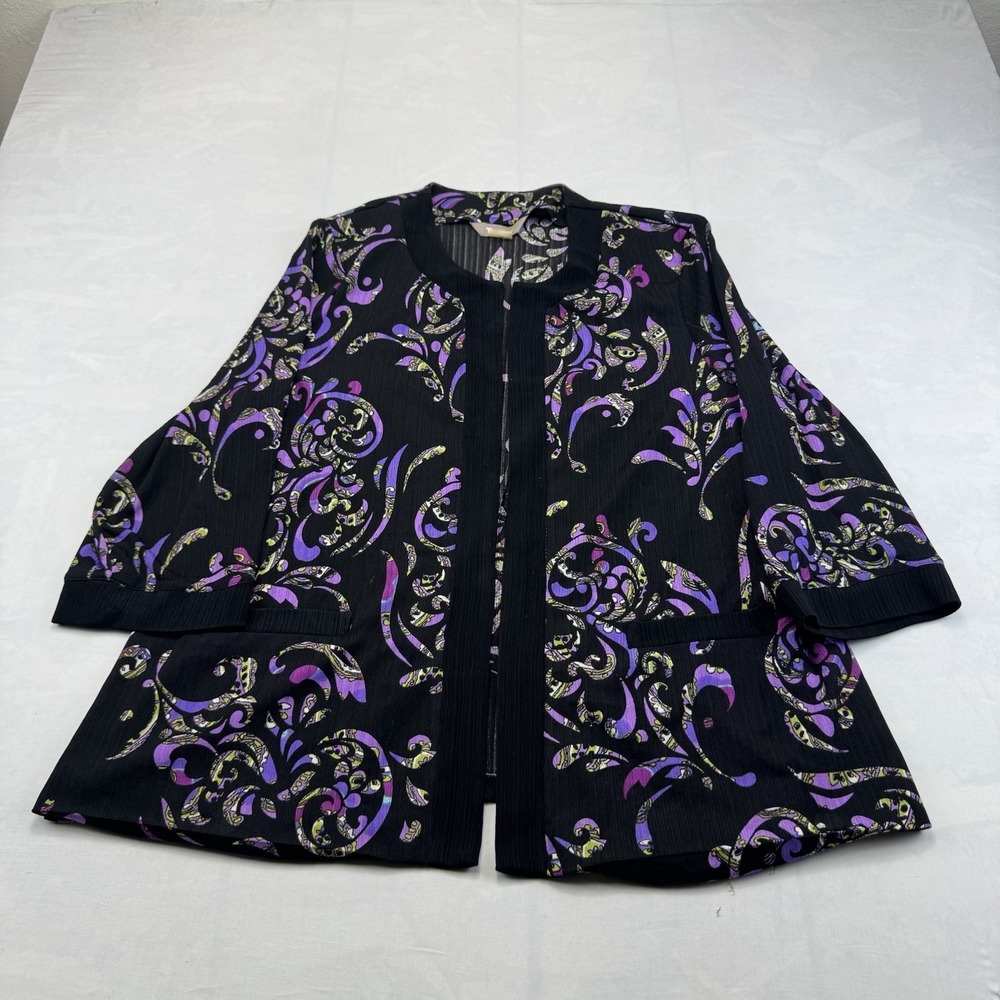 TanJay Womens Black Purple Print Open Front Cardigan Jacket Size L